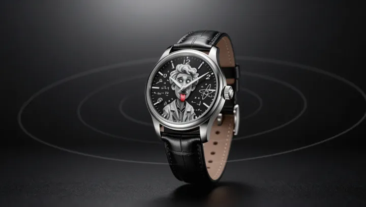 Эйнштейн на циферблате шевелит языком, серьёзно