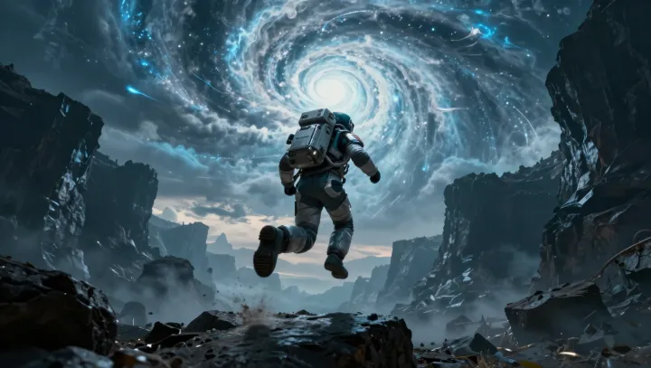 High-tech astronaut sprints through alien peaks