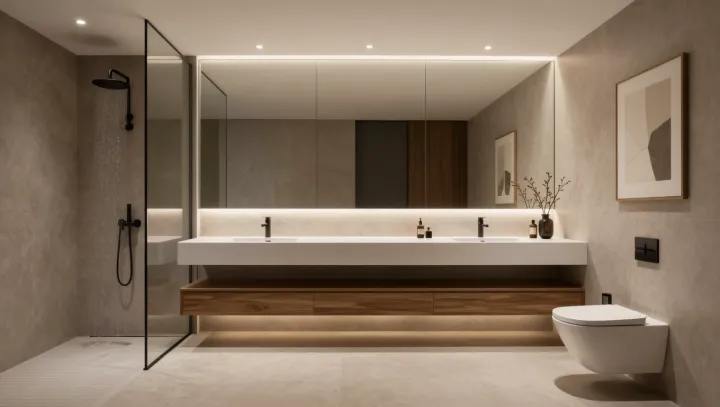Why Matte Black Lines Calm Warm Bathrooms